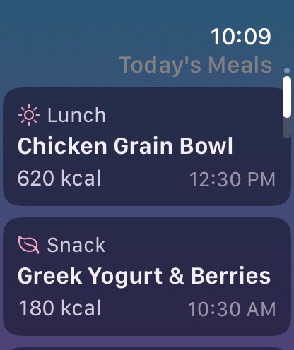 Apple Watch app: today's meals, each with its calories and the time it was logged
