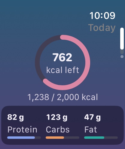 Apple Watch app: 762 kcal left of a 2,000 kcal goal, with protein, carbs and fat for the day